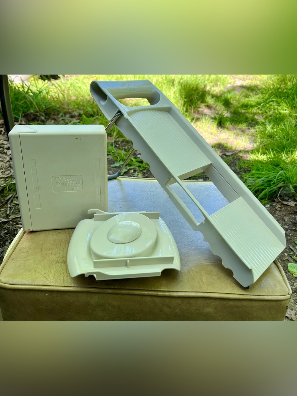Pampered Chef White Plastic Mandoline Slicer with Safety Holder
